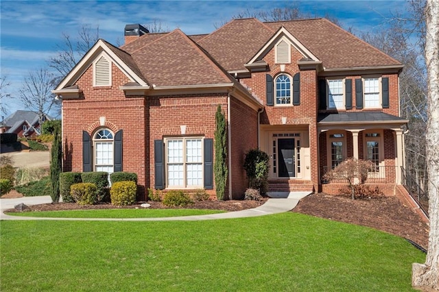 view of front of property featuring brick siding, a chimney, and a front yard