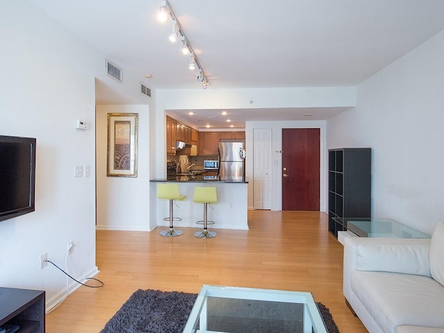 living room featuring rail lighting and light hardwood / wood-style floors