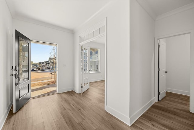 foyer with ornamental molding and wood-type flooring