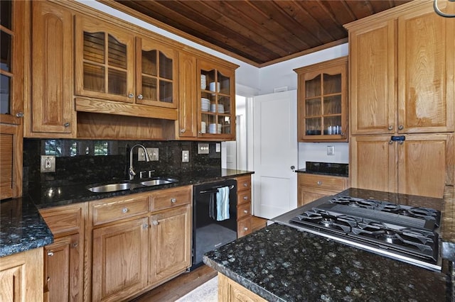 kitchen featuring a sink, wood ceiling, black dishwasher, tasteful backsplash, and stovetop with downdraft