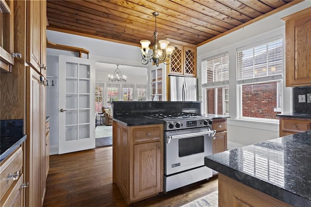 kitchen with a chandelier, stainless steel appliances, wood ceiling, hanging light fixtures, and dark wood finished floors