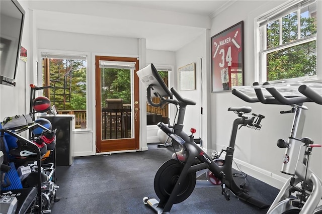 workout room featuring baseboards and a healthy amount of sunlight