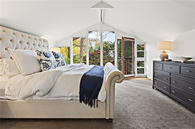 carpeted bedroom featuring lofted ceiling and access to outside