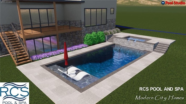 view of pool featuring a yard and an in ground hot tub