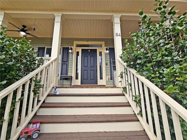 doorway to property featuring ceiling fan