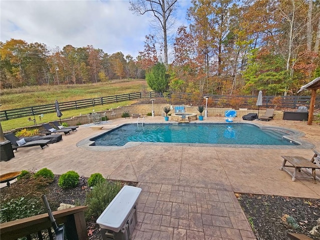 view of swimming pool with a diving board and a patio area