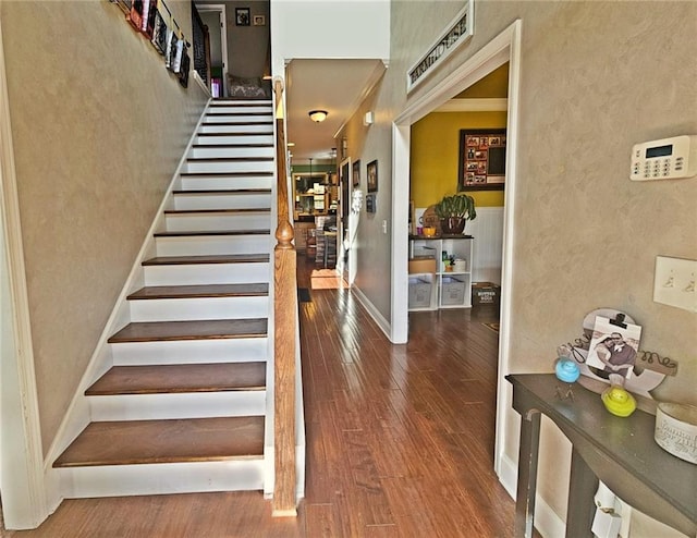 stairway with hardwood / wood-style flooring