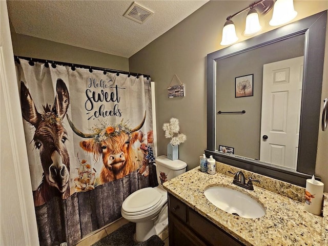 bathroom with walk in shower, vanity, toilet, and a textured ceiling