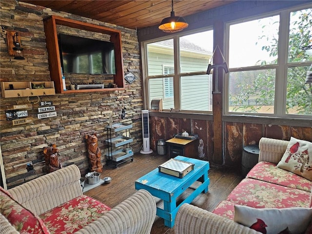 living room featuring dark hardwood / wood-style flooring and wooden ceiling