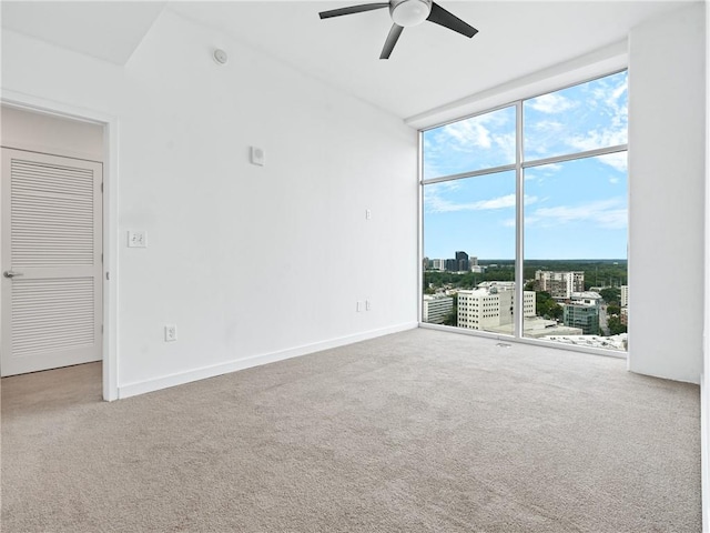 spare room featuring carpet flooring, ceiling fan, and expansive windows