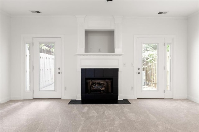 90 Grove Park Ln, Woodstock, GA 30189 - unfurnished living room with carpet, crown molding, baseboards, and a fireplace