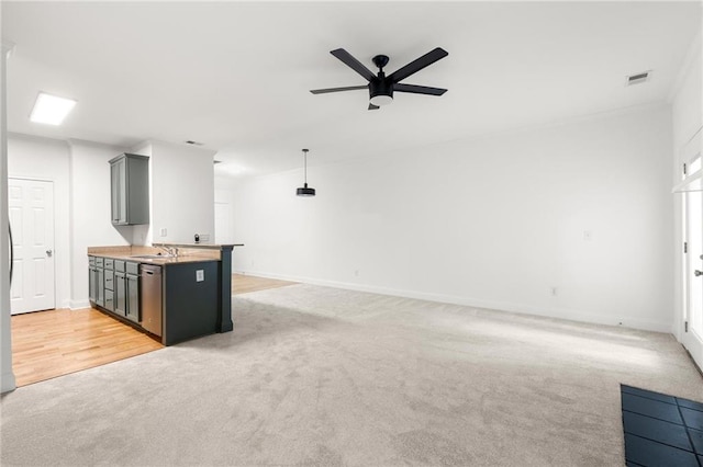 90 Grove Park Ln, Woodstock, GA 30189 - unfurnished living room with a sink, light carpet, a ceiling fan, and baseboards