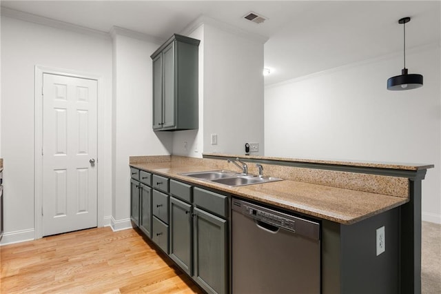 90 Grove Park Ln, Woodstock, GA 30189 - kitchen featuring dishwasher, a sink, a peninsula, ornamental molding, and decorative light fixtures