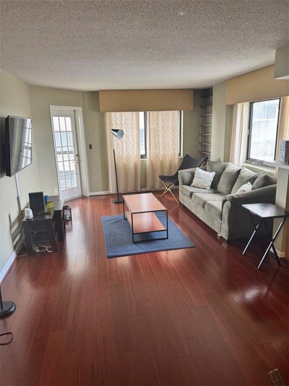 living area with a wealth of natural light, a textured ceiling, and dark wood-type flooring