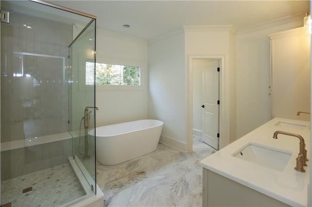 bathroom featuring vanity, shower with separate bathtub, and crown molding