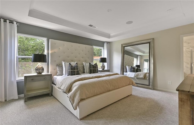 4297 Azalea Ridge Way, Hoschton, GA 30548 - bedroom with a tray ceiling, light carpet, baseboards, and multiple windows