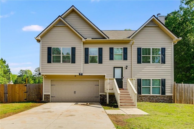 119 Sourwood Ln, Temple, GA 30179 - bi-level home with a chimney, a front yard, a garage, fence, and stone siding