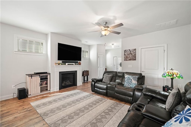 living area featuring ceiling fan, a fireplace, visible vents, and light wood-style floors