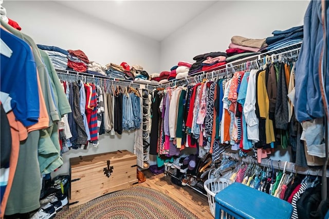 spacious closet with vaulted ceiling and wood finished floors