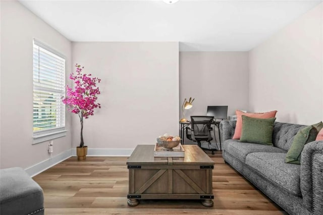 living area featuring light wood finished floors, baseboards, and a healthy amount of sunlight