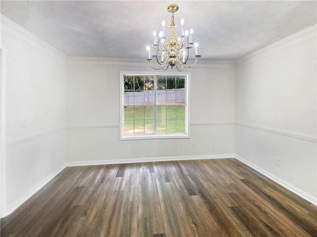 unfurnished dining area with dark hardwood / wood-style flooring, ornamental molding, and a notable chandelier