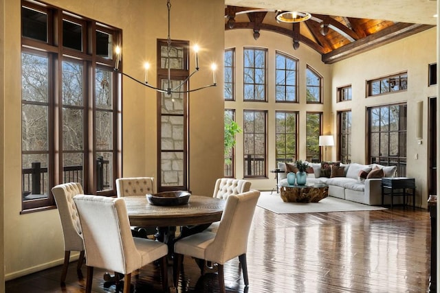 dining area with a notable chandelier, beam ceiling, high vaulted ceiling, hardwood / wood-style floors, and wooden ceiling
