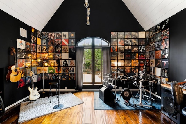 playroom featuring lofted ceiling and hardwood / wood-style floors