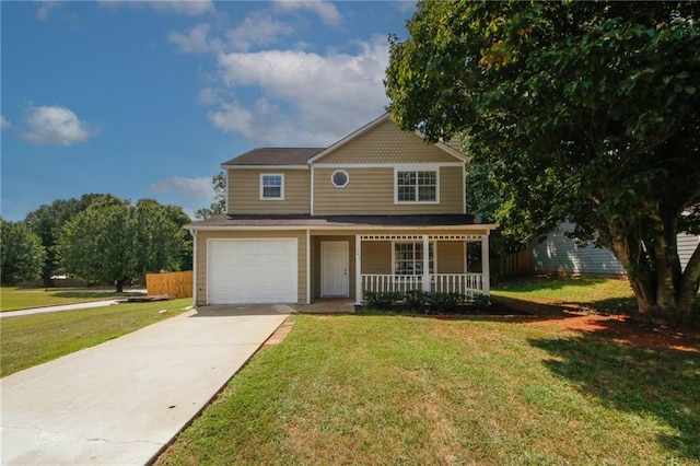 view of front of property with a garage, a porch, and a front yard