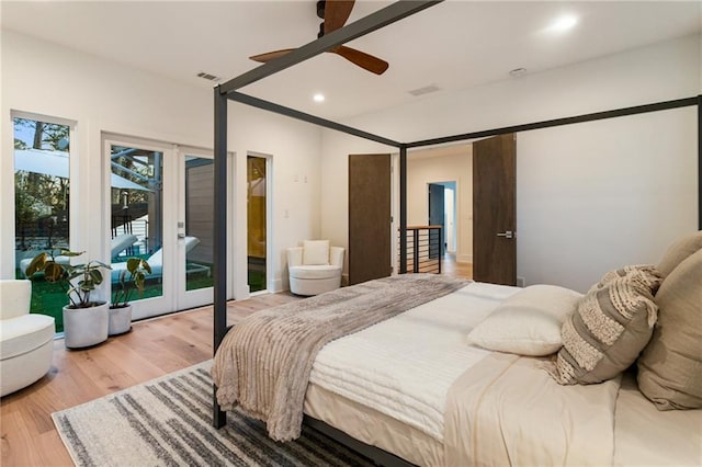 1045 Shepherds Ln NE, Atlanta, GA 30324 - bedroom with a ceiling fan, wood finished floors, recessed lighting, french doors, and access to outside
