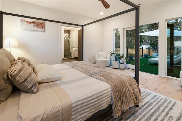 1045 Shepherds Ln NE, Atlanta, GA 30324 - bedroom featuring ceiling fan, recessed lighting, wood finished floors, ensuite bath, and access to outside