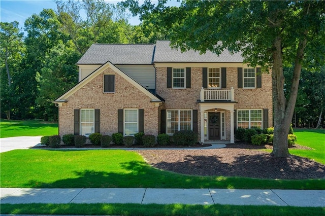 view of front of property featuring brick siding, a balcony, and a front lawn