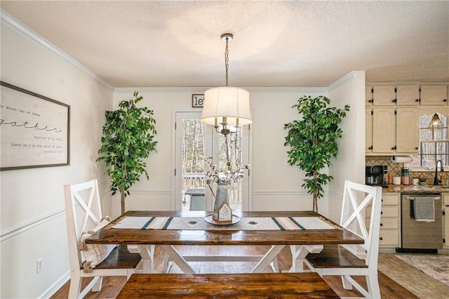 dining room with wood finished floors, a healthy amount of sunlight, a textured ceiling, and ornamental molding