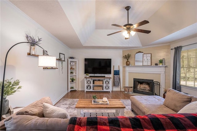 living area featuring ceiling fan, lofted ceiling, ornamental molding, a fireplace, and wood finished floors