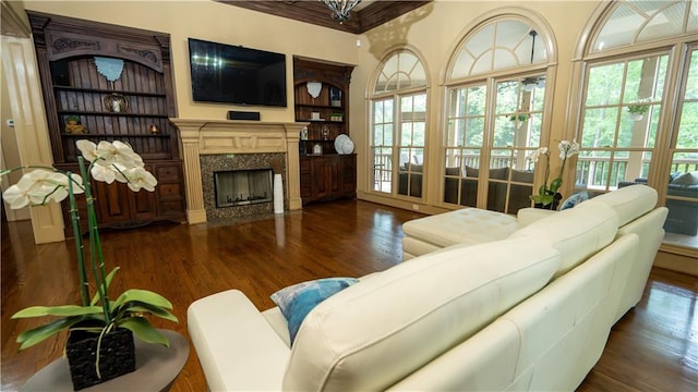 2698 Bonar Hall Path, Duluth, GA 30097 - living area with wood finished floors, a premium fireplace, and built in features
