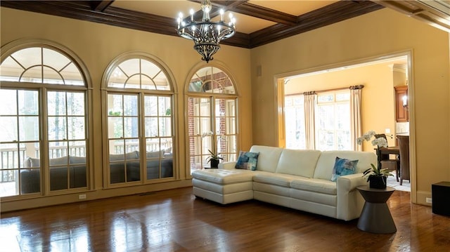 2698 Bonar Hall Path, Duluth, GA 30097 - living room with a chandelier, coffered ceiling, beam ceiling, crown molding, and dark wood-style flooring