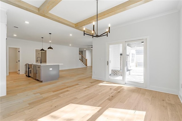 5808 Swinging Gate Rd, Gainesville, GA 30506 - unfurnished living room with crown molding, stairway, beamed ceiling, light wood finished floors, and recessed lighting