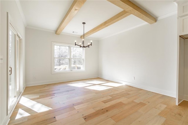 5808 Swinging Gate Rd, Gainesville, GA 30506 - unfurnished dining area featuring a notable chandelier, beam ceiling, light wood-style floors, baseboards, and ornamental molding
