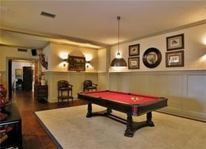 5808 Swinging Gate Rd, Gainesville, GA 30506 - recreation room featuring a decorative wall, billiards, wood finished floors, and a wainscoted wall