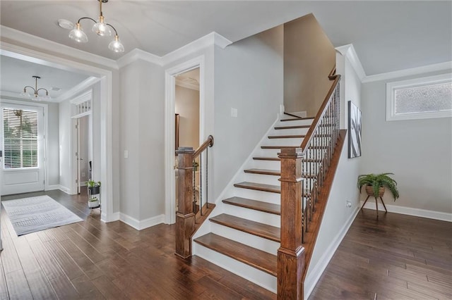 1055 Peyton View Ct, Alpharetta, GA 30004 - foyer featuring a chandelier, stairway, ornamental molding, wood finished floors, and healthy amount of natural light