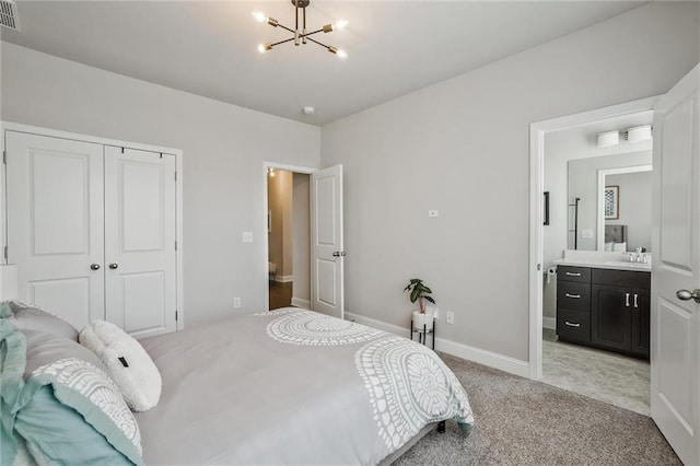 1055 Peyton View Ct, Alpharetta, GA 30004 - bedroom featuring a chandelier, light carpet, a closet, baseboards, and connected bathroom