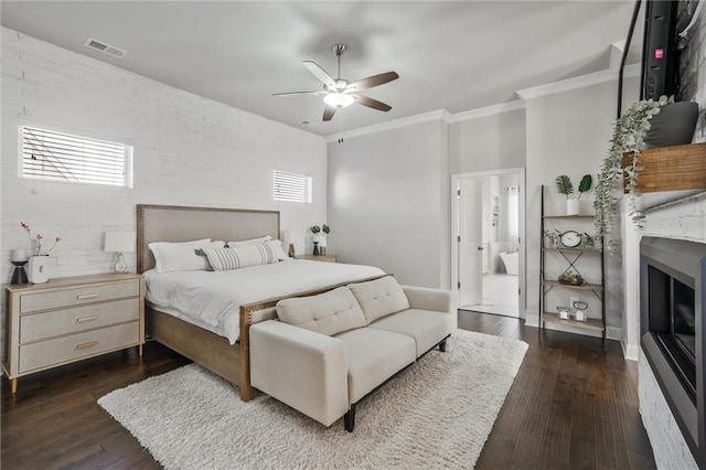 1055 Peyton View Ct, Alpharetta, GA 30004 - bedroom featuring crown molding, dark wood finished floors, ceiling fan, and ensuite bathroom