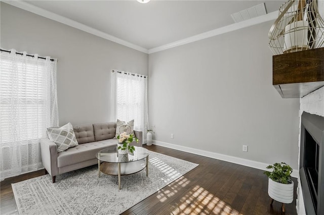 1055 Peyton View Ct, Alpharetta, GA 30004 - living room with baseboards, dark wood finished floors, and crown molding