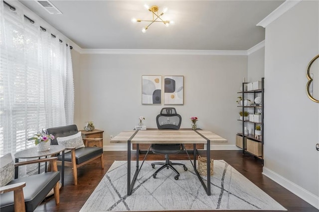 1055 Peyton View Ct, Alpharetta, GA 30004 - office space with ornamental molding, a chandelier, baseboards, and dark wood finished floors