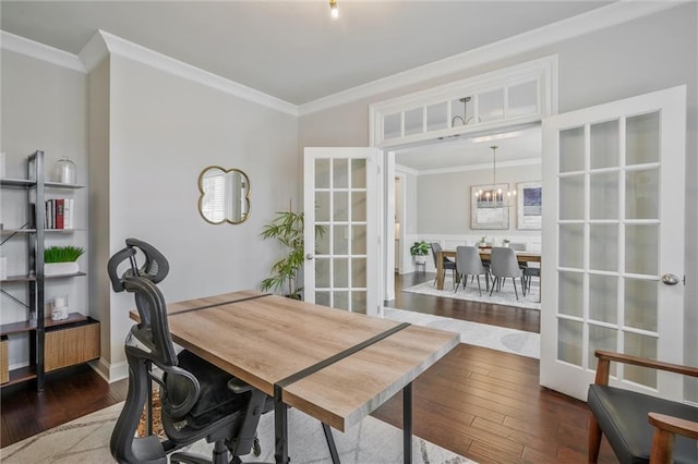 1055 Peyton View Ct, Alpharetta, GA 30004 - home office with french doors, crown molding, hardwood / wood-style flooring, and a chandelier