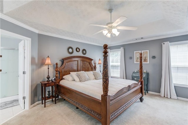 3370 Battlement Cir, Loganville, GA 30052 - bedroom with a textured ceiling, light colored carpet, ornamental molding, and ceiling fan