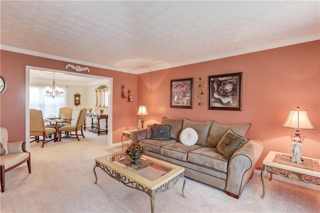 3370 Battlement Cir, Loganville, GA 30052 - living room with a chandelier, ornamental molding, carpet flooring, and a textured ceiling