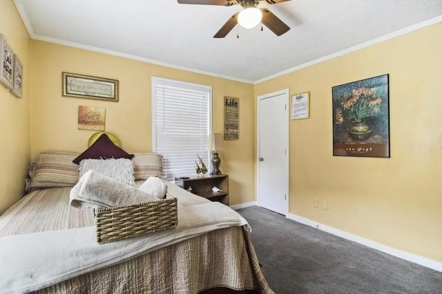 carpeted bedroom featuring ornamental molding and ceiling fan