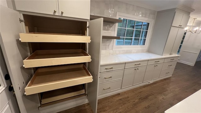 805 Wesley Oak Rd, Sandy Springs, GA 30328 - kitchen featuring dark wood-style floors, open shelves, and tasteful backsplash