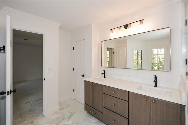 805 Wesley Oak Rd, Sandy Springs, GA 30328 - full bath featuring marble look tiles, double vanity, and crown molding
