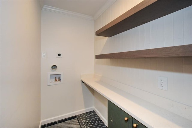 805 Wesley Oak Rd, Sandy Springs, GA 30328 - laundry room with hookup for an electric dryer, cabinet space, washer hookup, and crown molding